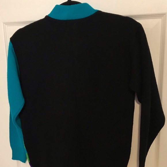 Vintage GIRLS Neon Color Block Mix Pattern Cable Knit Chunky  3/4 Zip Sweater - Picture 7 of 9